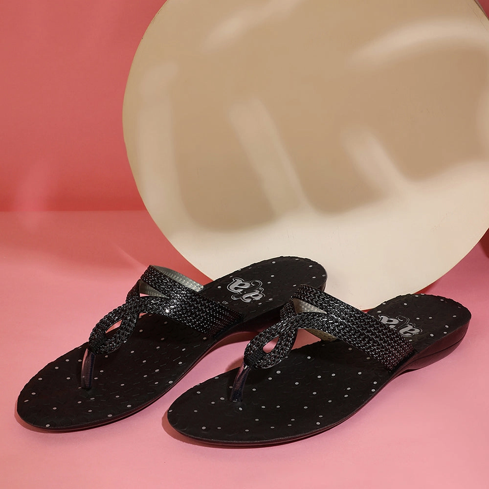 A-HA By Liberty ETHNIC-05 Women Ethnic Black Slippers Anti-microbial treatment Tensile Energy Bridge