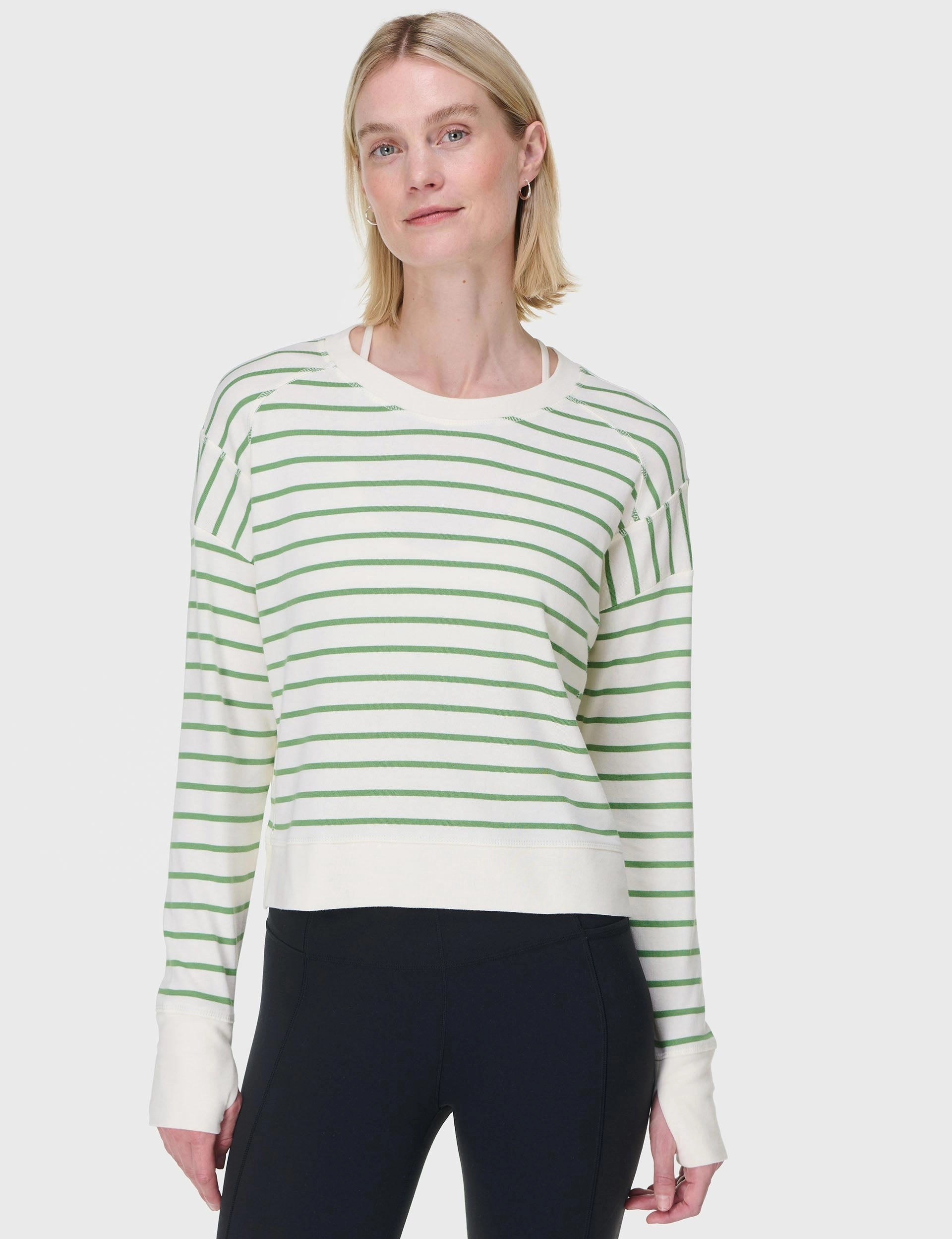 All-Purpose Wear Non Restrictive Collar After Class Crop Sweatshirt - Lilywhite Green Stripe