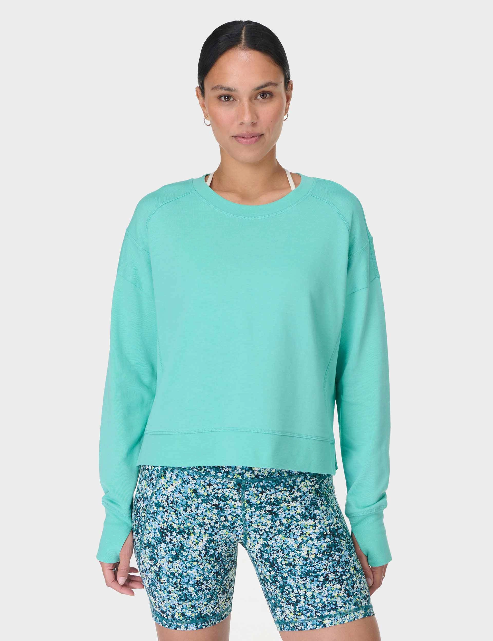 Versatile Layering Piece ThermalLining After Class Crop Sweatshirt - Sea Spray Blue