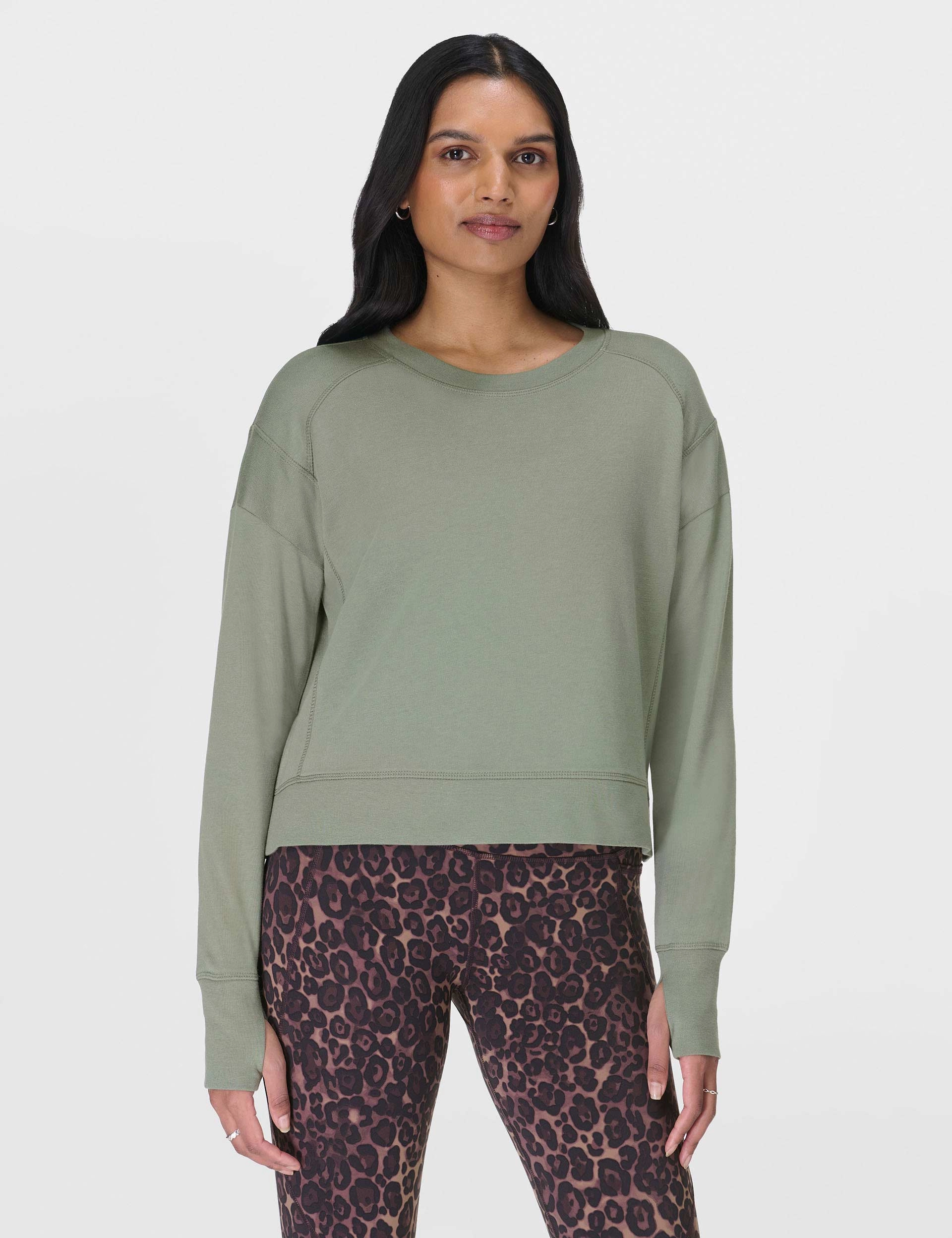 Double Stitched Seams FlexibleRibbing After Class Crop Sweatshirt - Willow Green