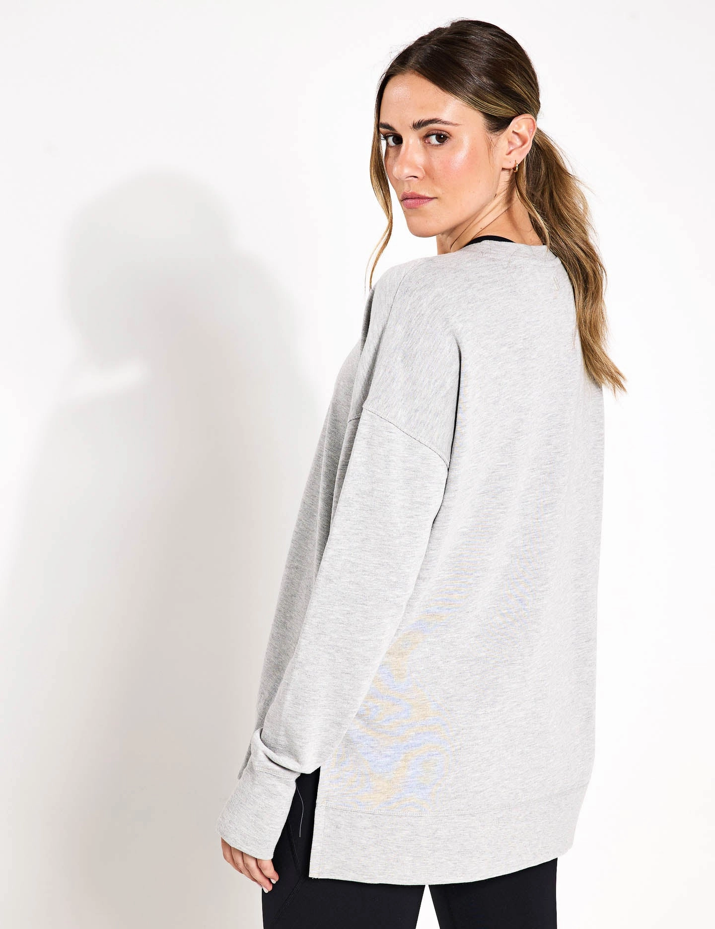 Smooth Edge Binding slow life After Class Longline Sweatshirt - Light Grey Marl