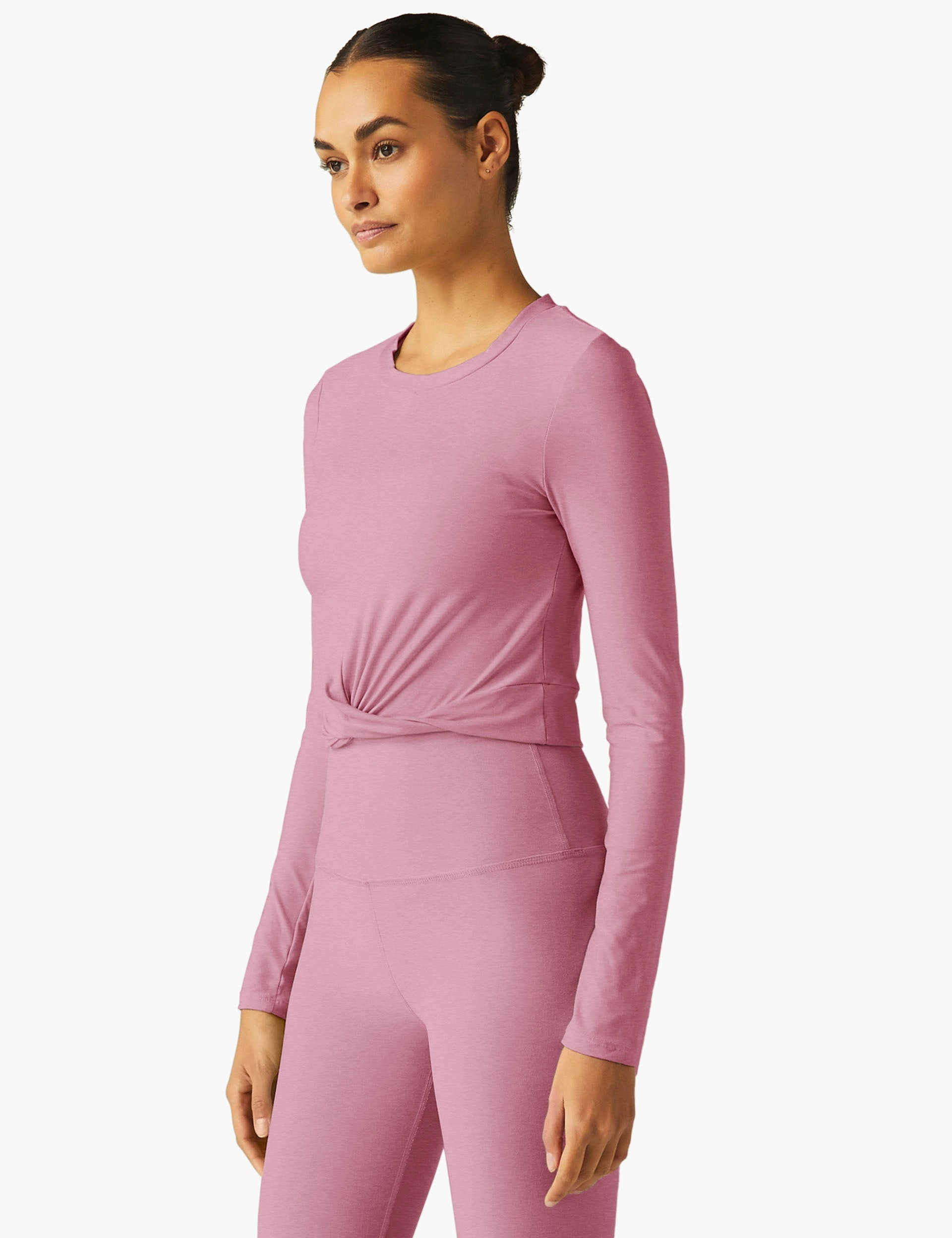 Shape Retention Fabric BambooBlend Featherweight Center Stage Cropped Long Sleeve Pullover - Pink Haze Heather