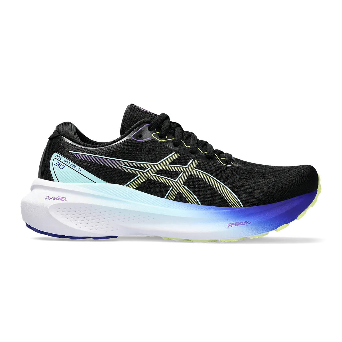 Asics Gel Kayano 30 - Black - Glow Yellow Contoured Footbed Tech running in a roundabout area shoes