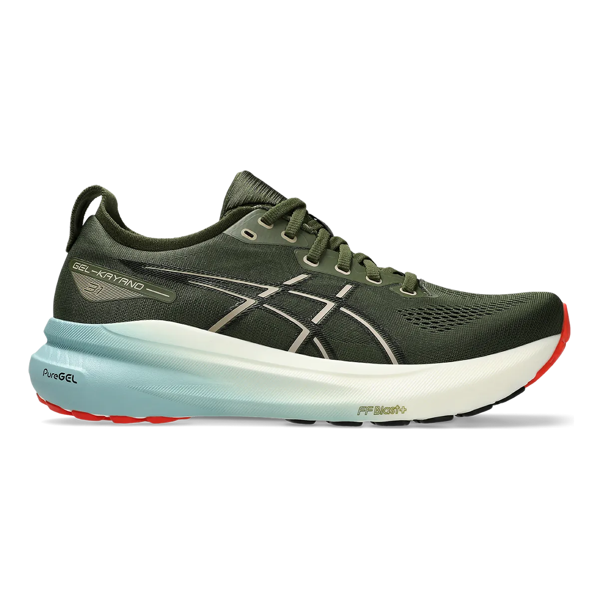 Asics Gel Kayano 31 - Smog Green - Black running in a nature reserve indoor sports lover