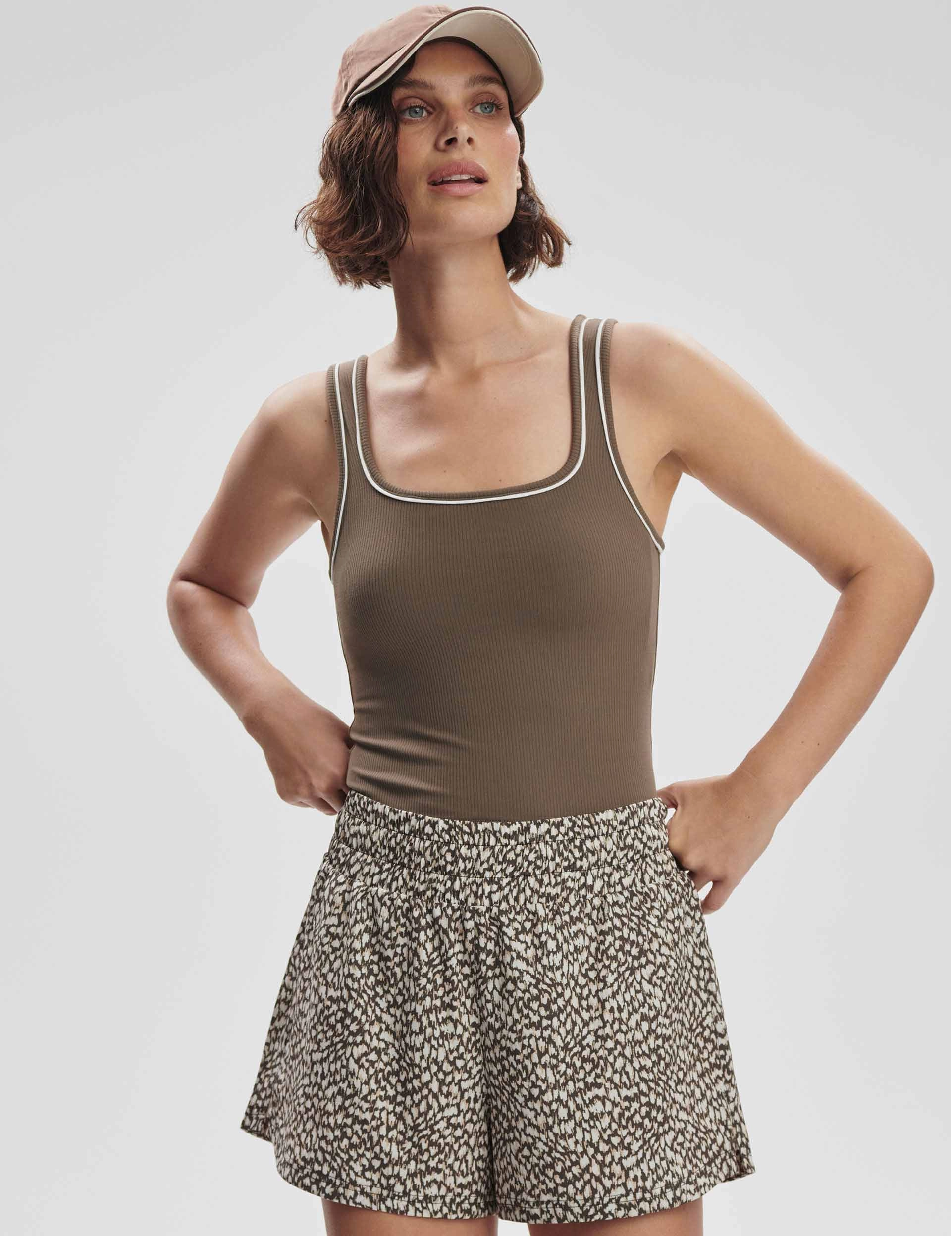 Barney Piped Tank - Chocolate Chip Stretchable Material Anti Static Cloth Blend