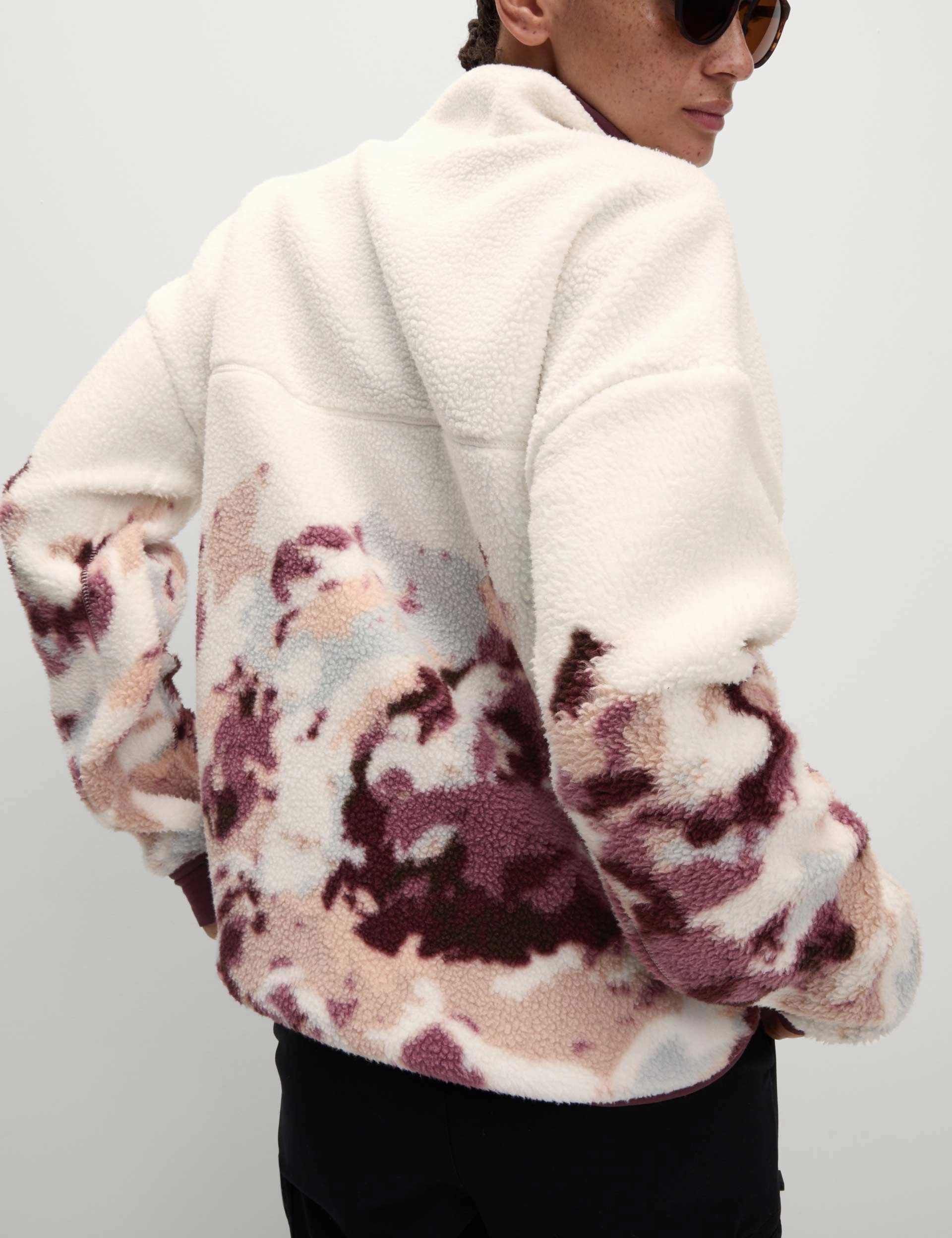 Modern Texture Borg Printed Funnel Neck Zip Up Fleece Jacket - Ivory Mix