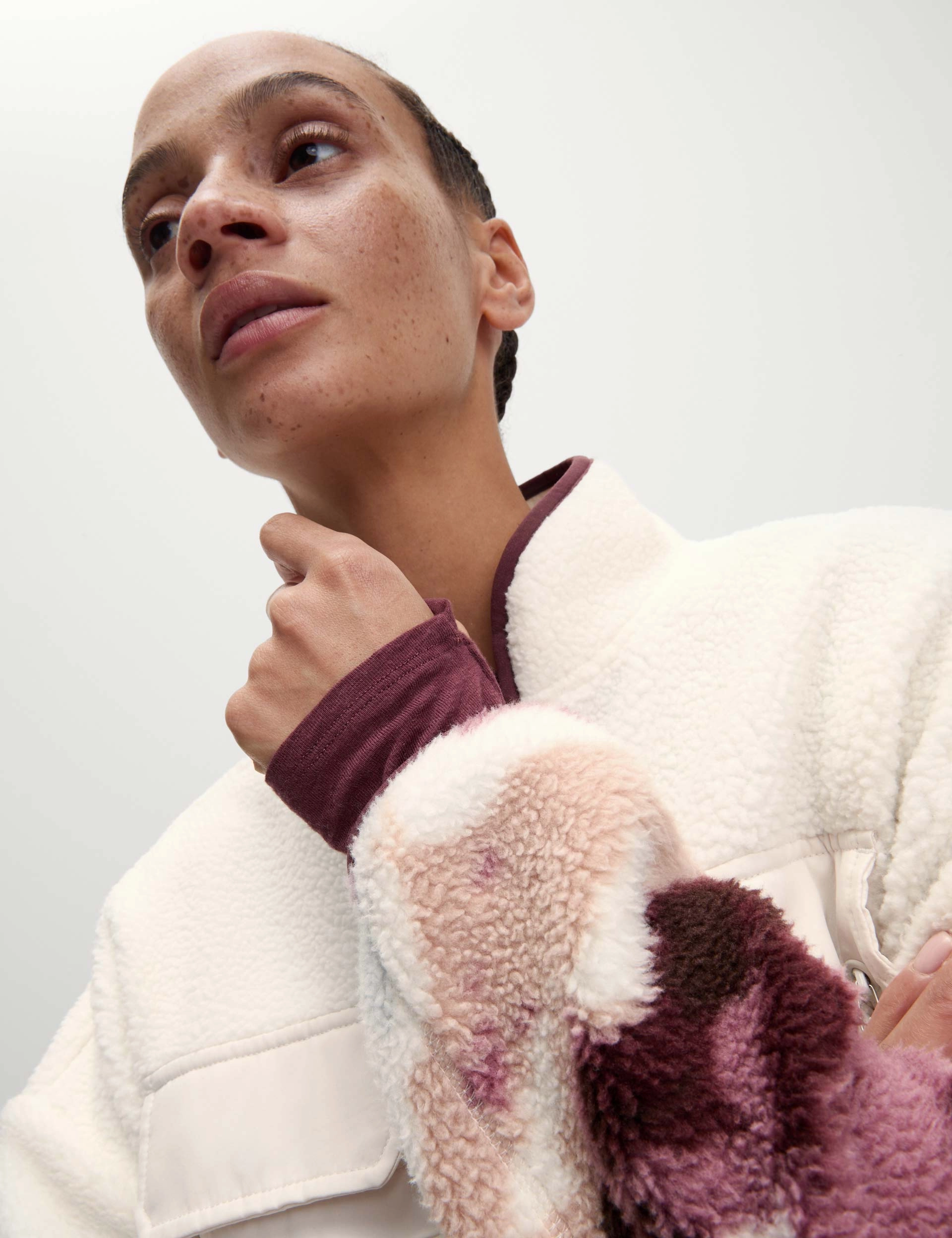 Borg Printed Funnel Neck Zip Up Fleece Jacket - Ivory Mix Snow Games