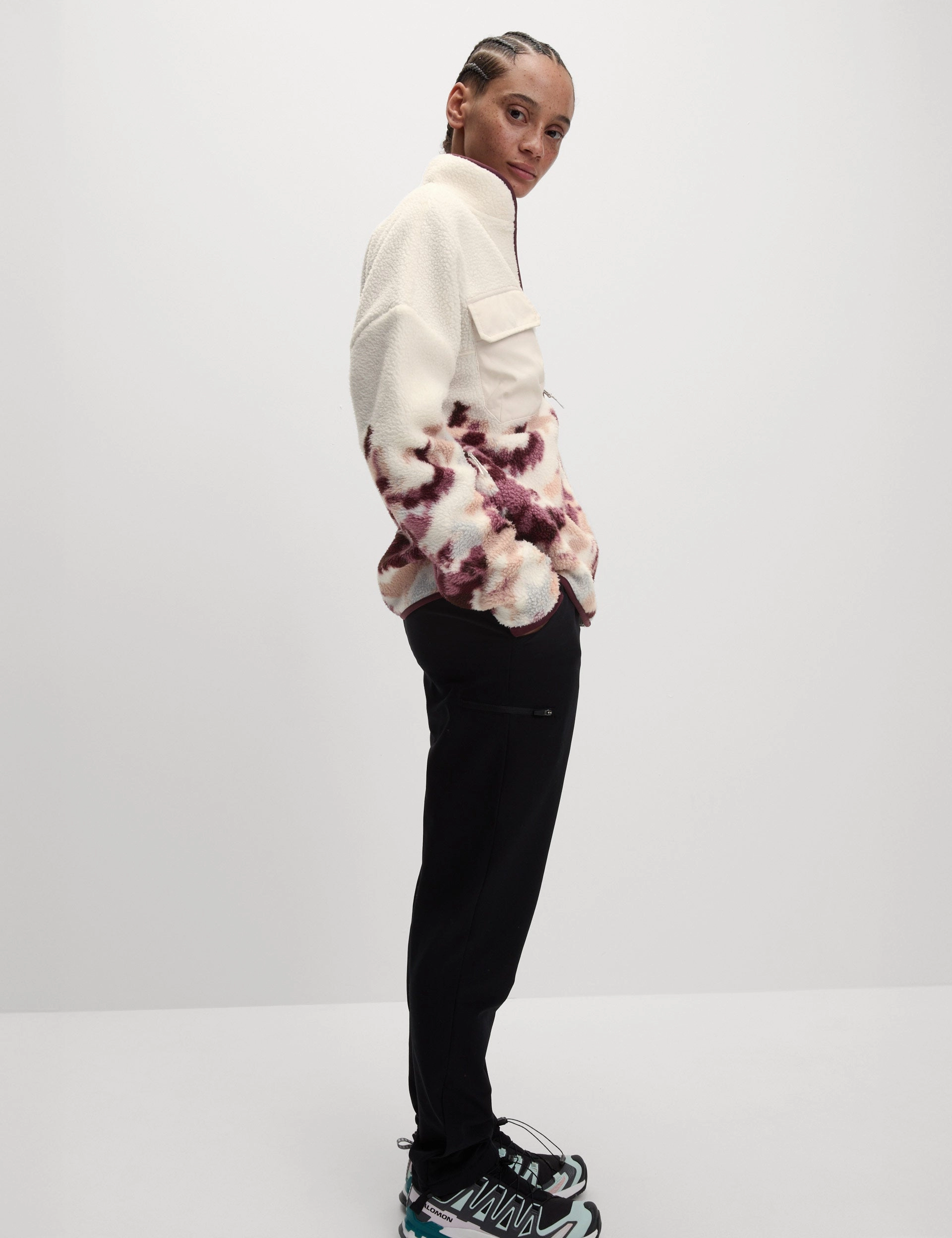 Borg Printed Funnel Neck Zip Up Fleece Jacket - Ivory Mix Light Activity