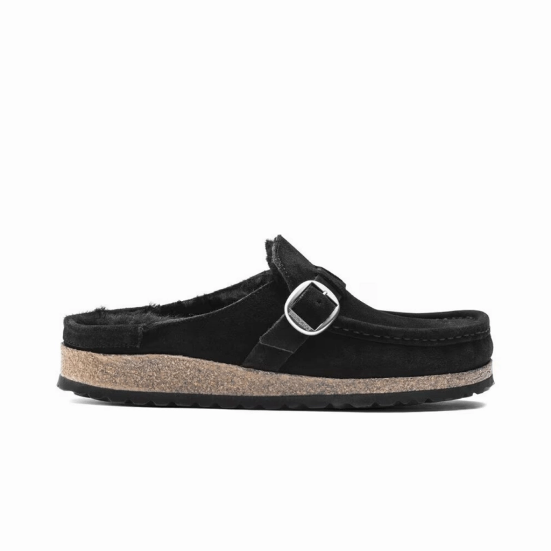 Birkenstock Women's Buckley Shearling - Black Suede Natural Fiber Blend