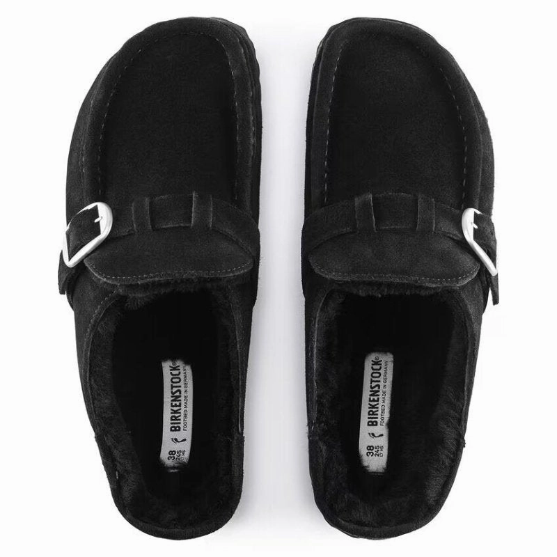 Birkenstock Women's Buckley Shearling - Black Suede Sustainable Base MultiPocket
