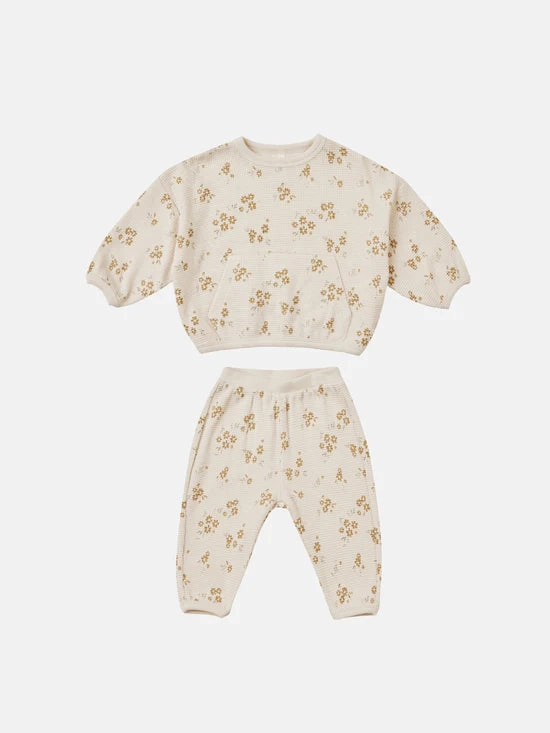 Quincy Mae Waffle Top   Pant Slouch Set - Honey Flower Sequined kids' outfits