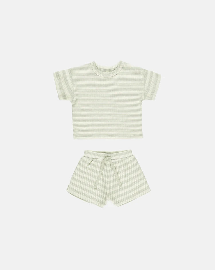 Quincy Mae Waffle Tee & Shorts Set - Mint Stripe Furry Recycled