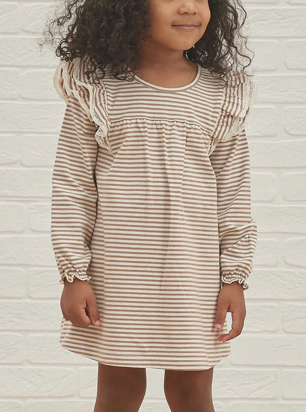 nylon Quincy Mae Long Sleeve Flutter Dress- Cocoa Stripe