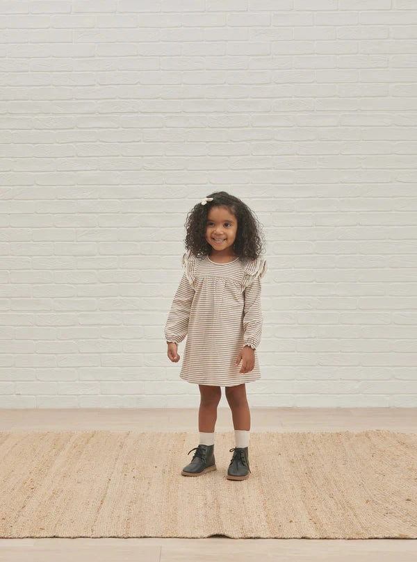 country Quincy Mae Long Sleeve Flutter Dress- Cocoa Stripe