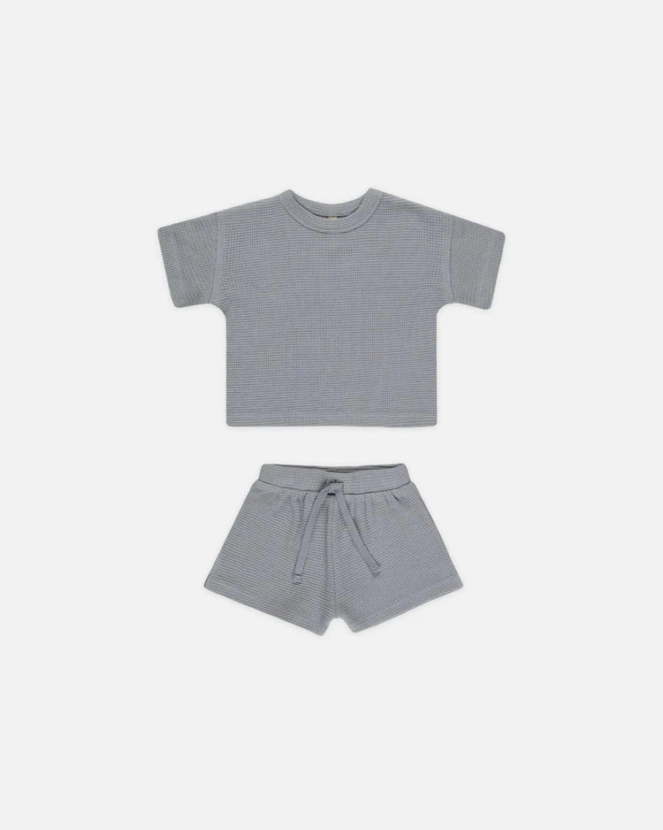 Quincy Mae Waffle Tee & Shorts Set - Blue Fuzzy Bohemian