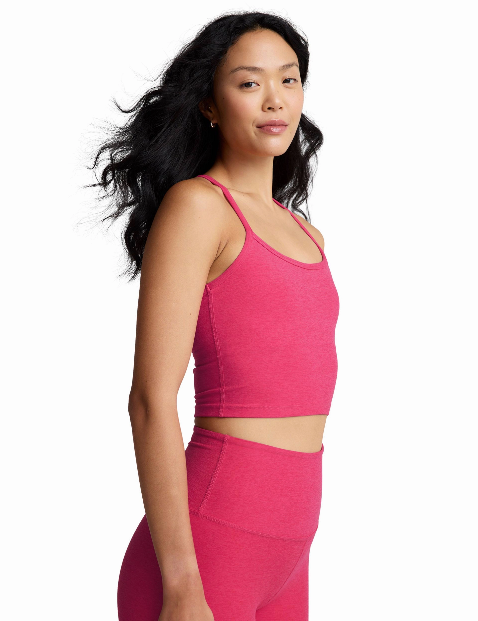 Spacedye Slim Racerback Cropped Tank - Vivid Pink Heather Raw Edge Finish Layered Sleeve