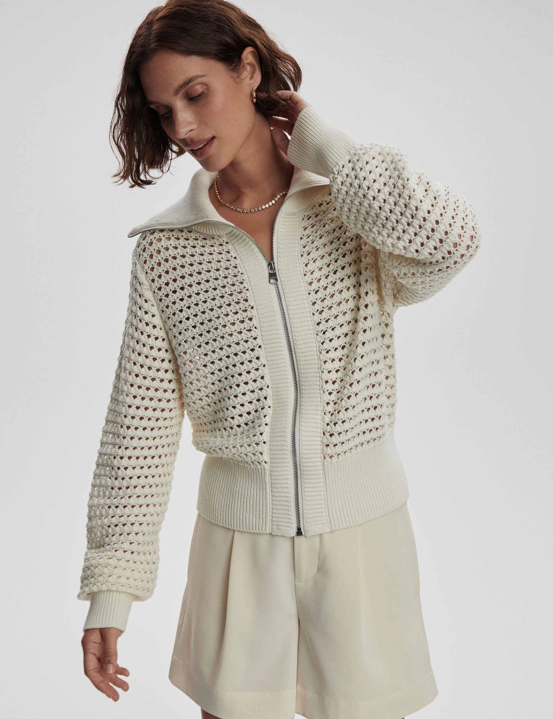 Eloise Zip-Through Knit - Egret Cozy Stretch