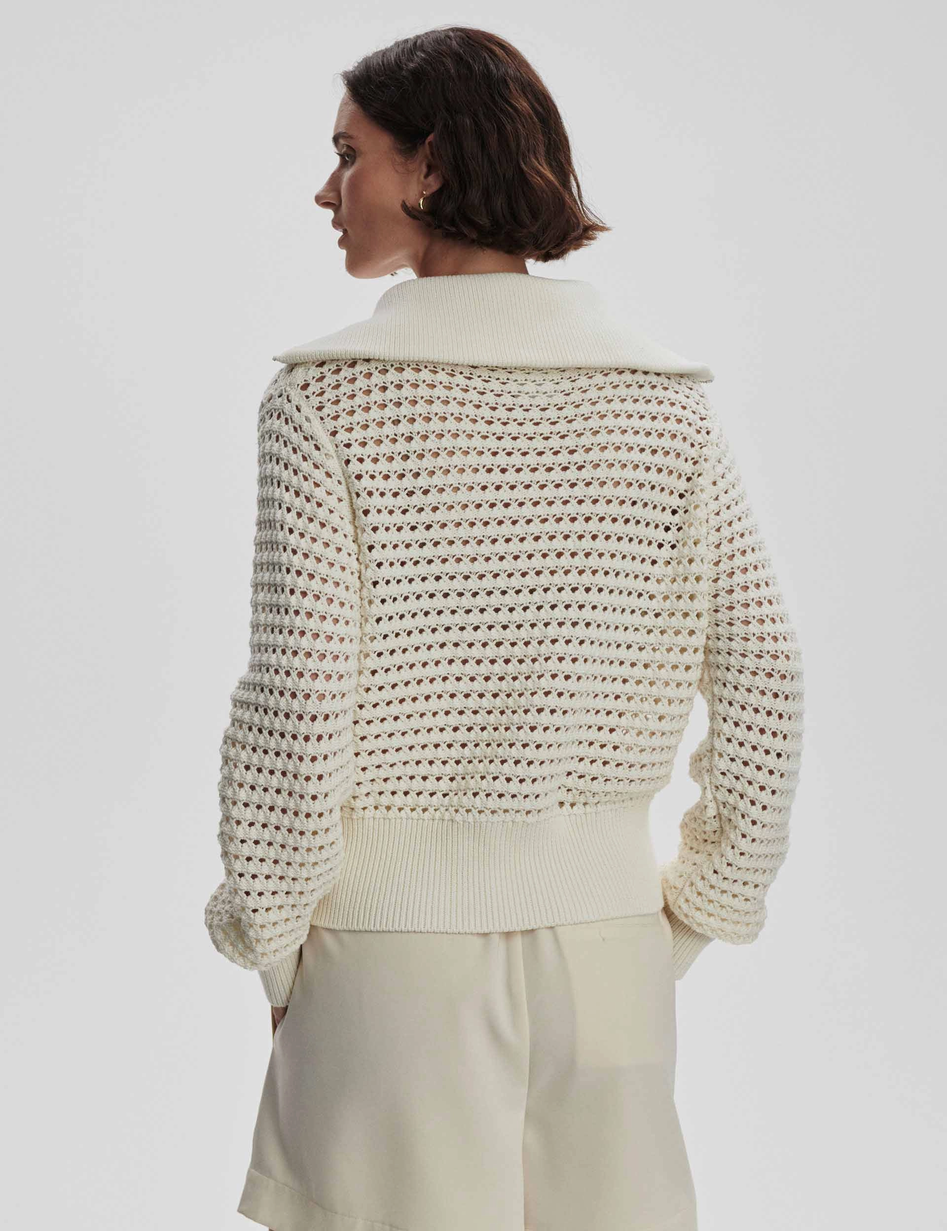 Eloise Zip-Through Knit - Egret Reinforced Elbows Active Flex