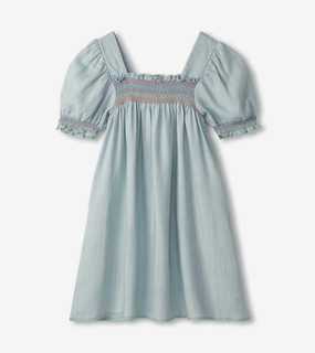 Monochromatic outfits for children Running clothes for children Hatley Puff Sleeve Smocked Dress - Soft Blue Denim