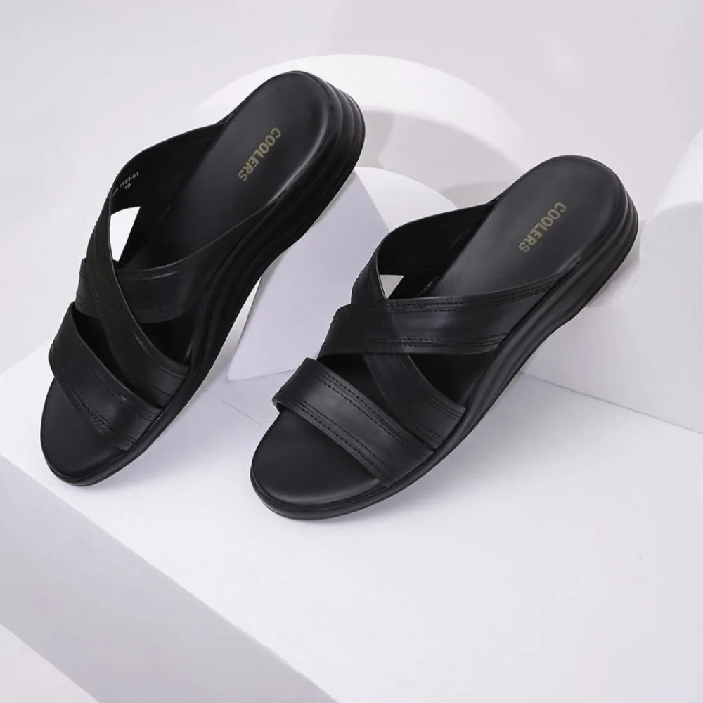 pre - run warm - up leather - strap shoes Coolers Casual Black Slippers For Men 7123-61 By Liberty