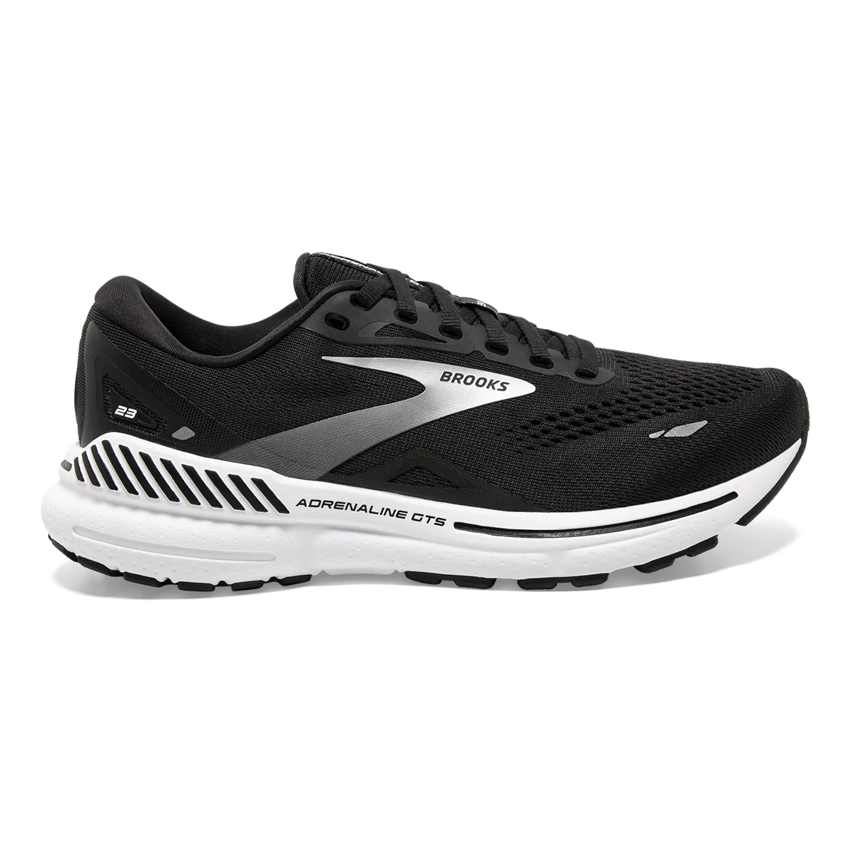 Brooks Adrenaline GTS 23 - Black - White - Silver running in a rural area shoes