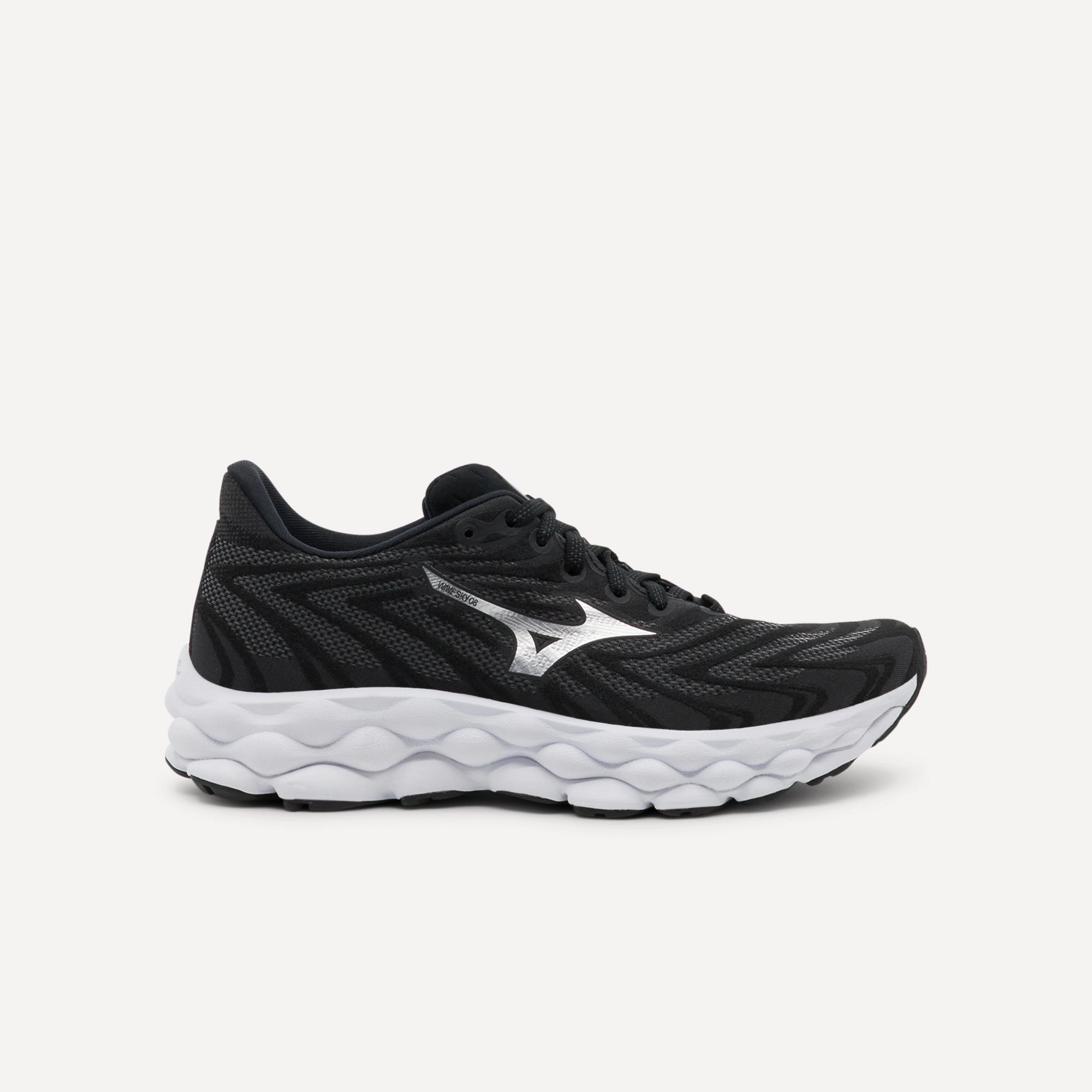 Remarkable flexibility Stretchable Tongue Mizuno Wave Sky 8 Black / Silver / White Womens