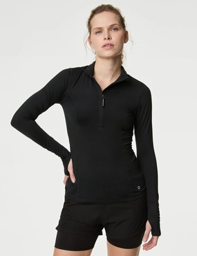 Eco Friendly Textiles Western Style Funnel Neck Half Zip Running Top - Black
