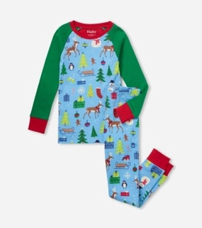 Hatley Cotton Raglan Pajama Set - Blue Christmas Morning Modern vintage