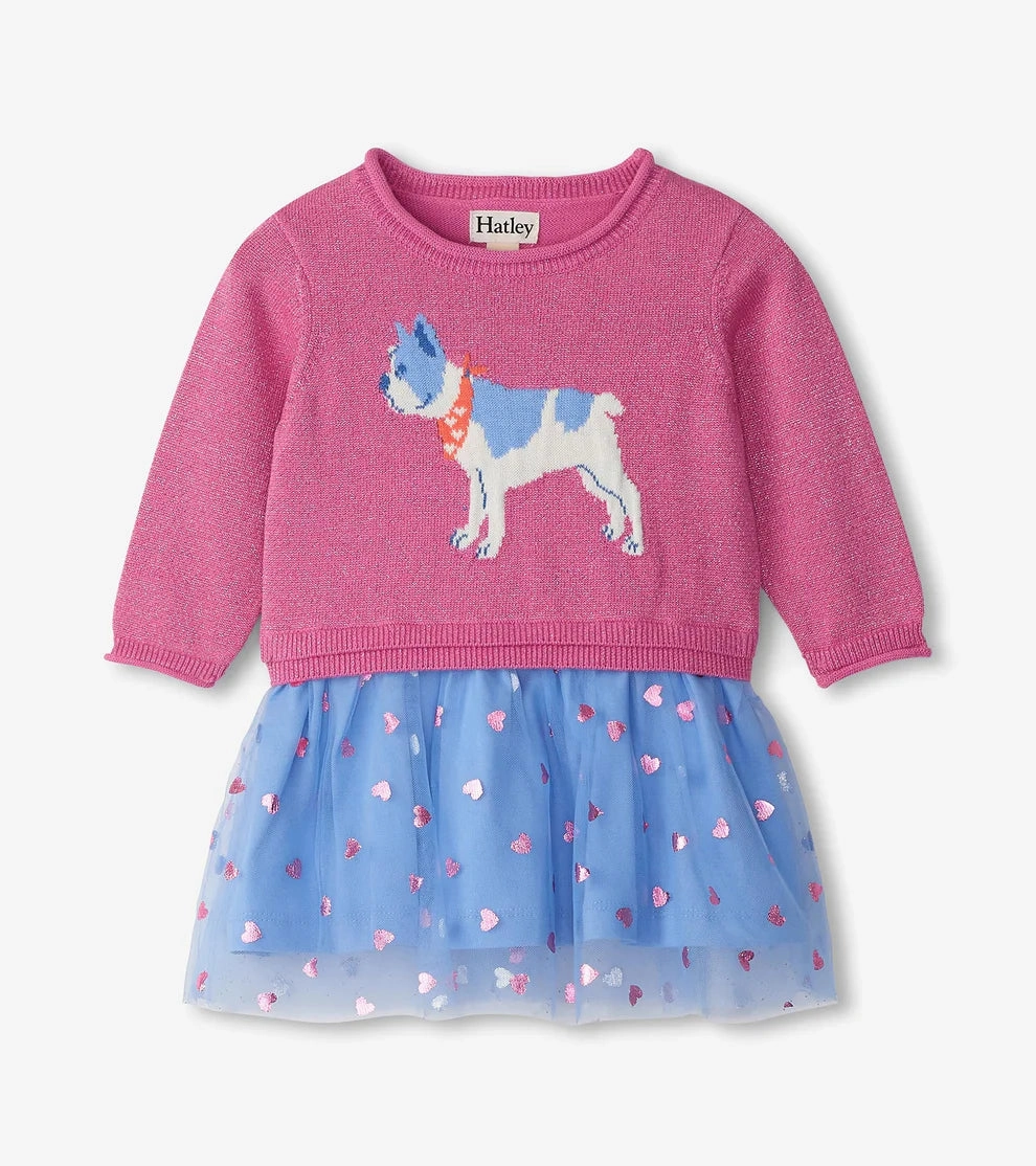 Detachable Hatley Dropped Waist Sweater Dress - French Bulldog