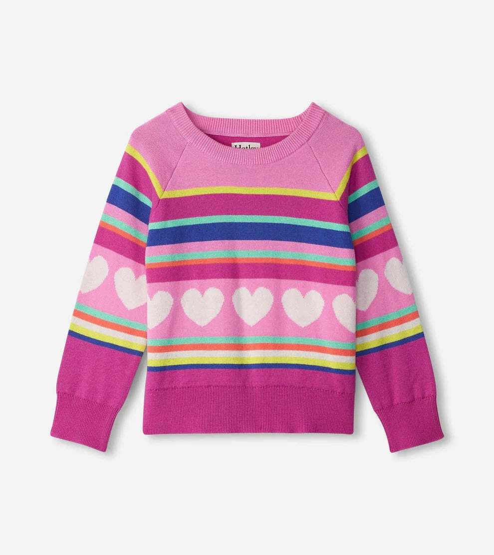 Hatley Raglan Pullover Sweater - Rainbow Heart Stripe Family gathering clothes for kids Little girl