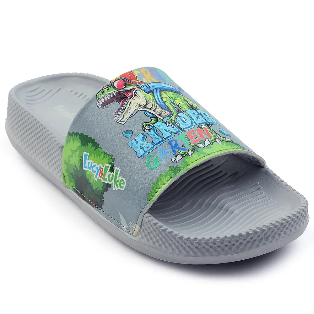 Lucy & Luke Casual Grey Printed Slides For Kids CONNER-2E By Liberty print Neutral Color
