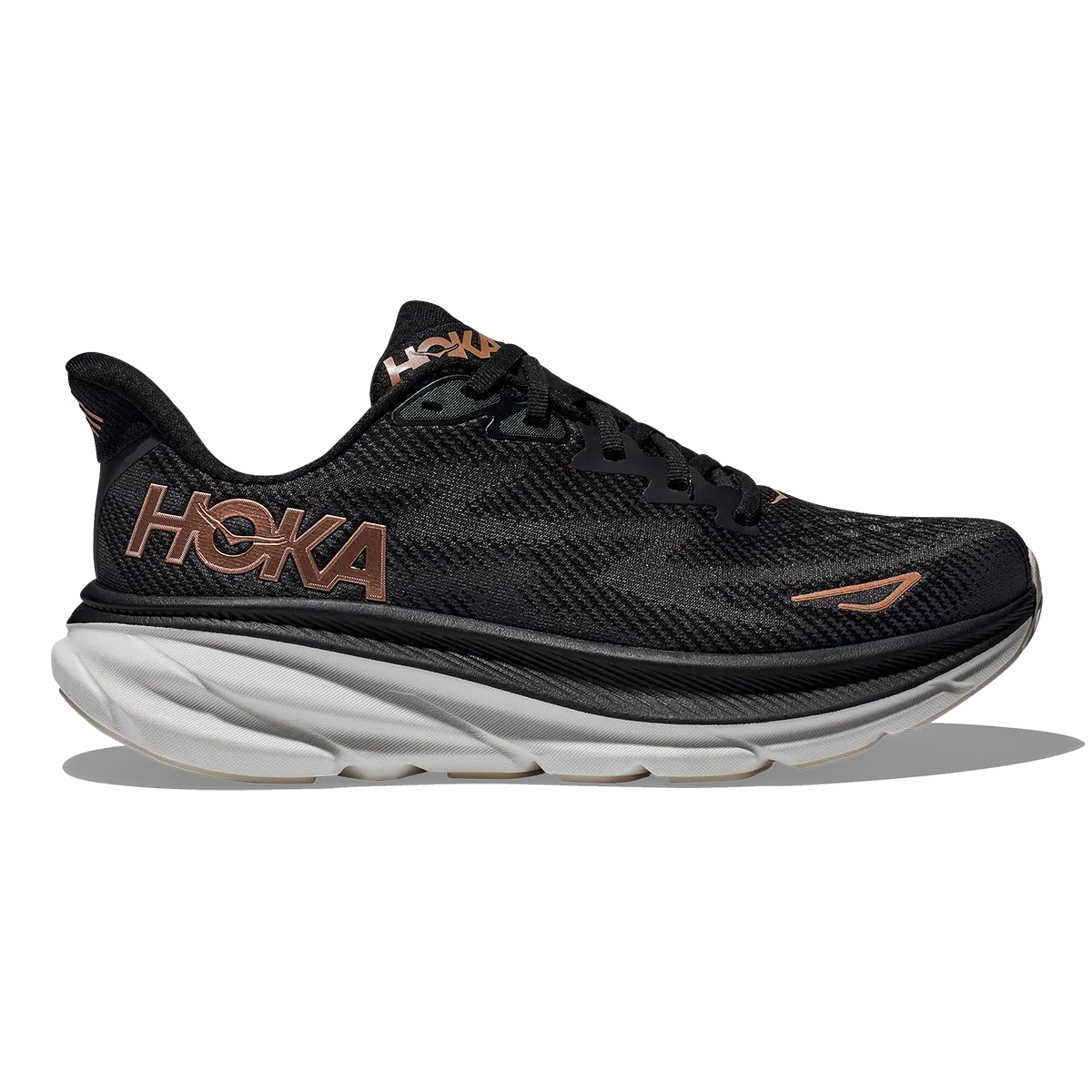 Hoka Clifton 9 - Black - Rose Gold Ventilated Tongue grass - surface running shoes