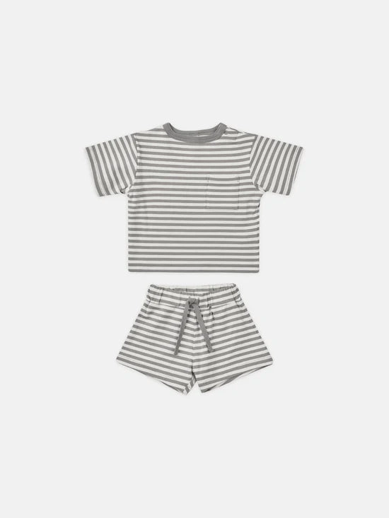 Polka - dotted Quincy Mae Boxy Pocket Tee and Short Set - Lagoon Stripe