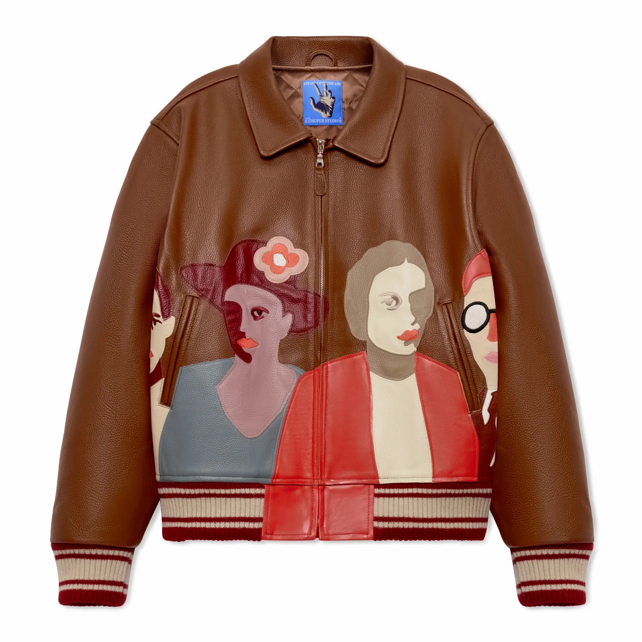 Breathable mesh lining All weather Kidsuper Patchwork Portraits Leather Varsity Jacket 'Brown