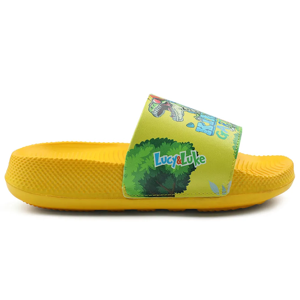 Lucy & Luke Casual Yellow Printed Slides For Kids CONNER-2E By Liberty treadmill - running Comfortable Footbed