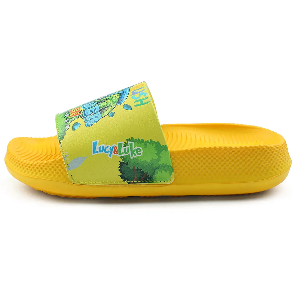 Lucy & Luke Casual Yellow Printed Slides For Kids CONNER-2E By Liberty Lightweight Outsole