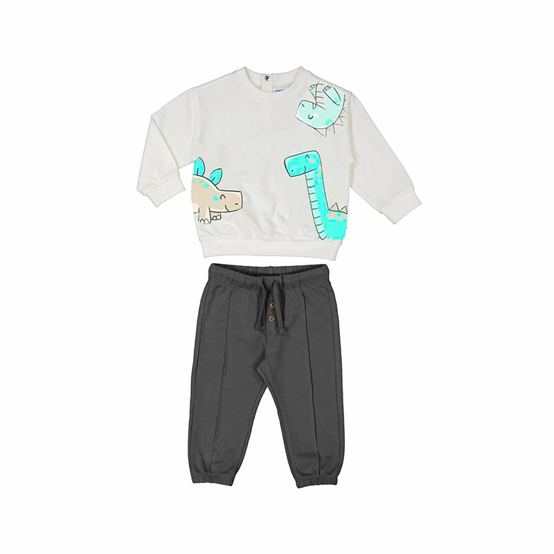 Mayoral 2pc Pullover Tracksuit - Charcoal Dinosaurs Shiny outfits for children