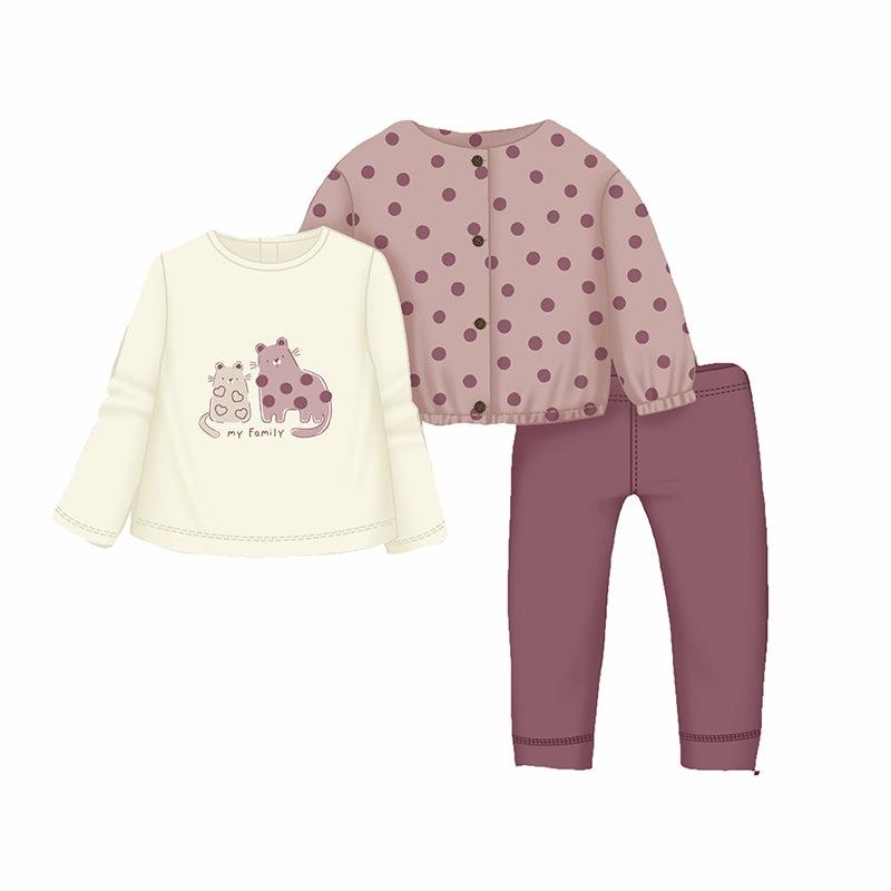 Charming Mayoral 3pc Cardigan, Long Sleeve Tee & Leggings - Polkadot Rose Cats