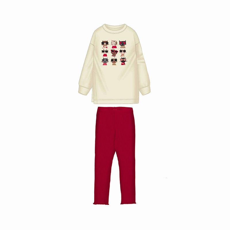 Extra - small Outdoor kids' clothing Mayoral Ribbed Leggings & Swetshirt Set - Red Cats