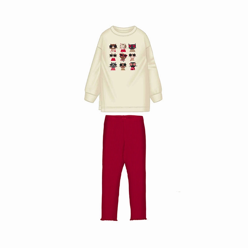 Mayoral Ribbed Leggings & Swetshirt Set - Red Cats Birthday party wear for children