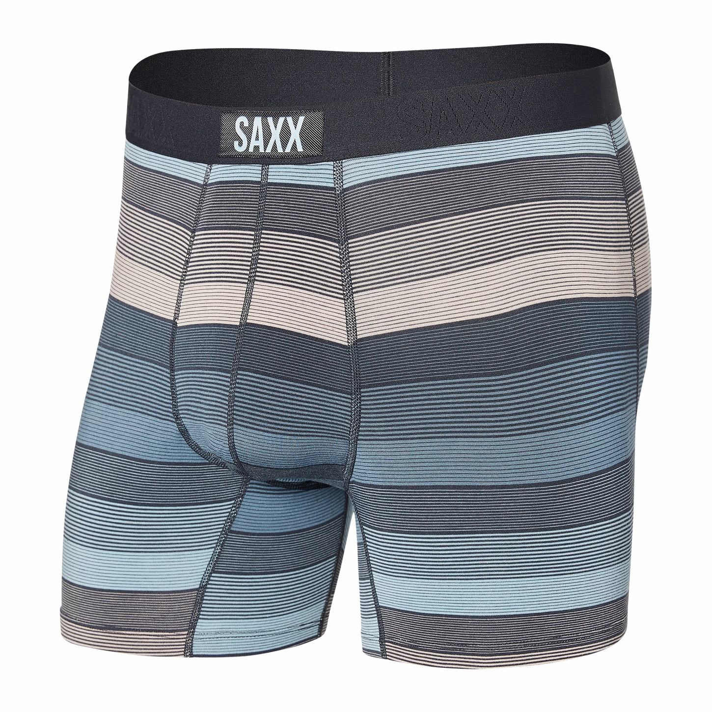 retro look Men's SAXX Vibe Boxer Brief Pattern: Hazy Stripe- Washed Blue