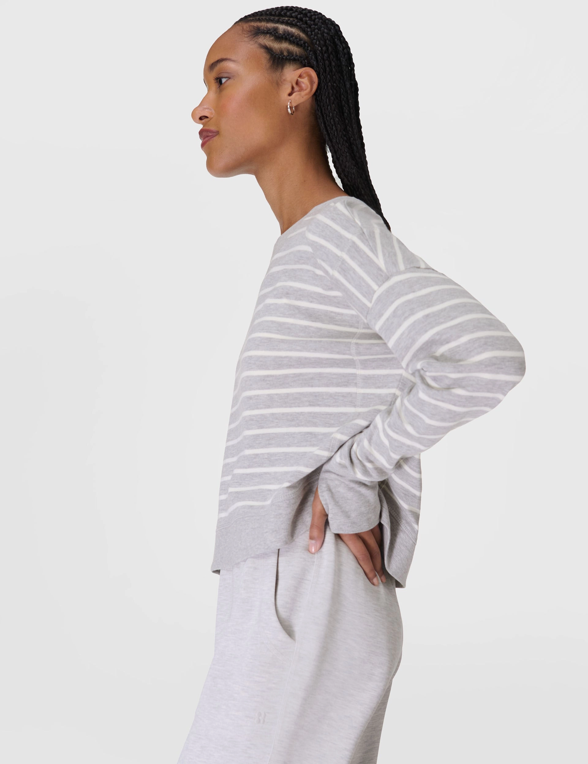 After Class Crop Sweatshirt - Lily White Light Grey Marl Stripe Cool and Breezy