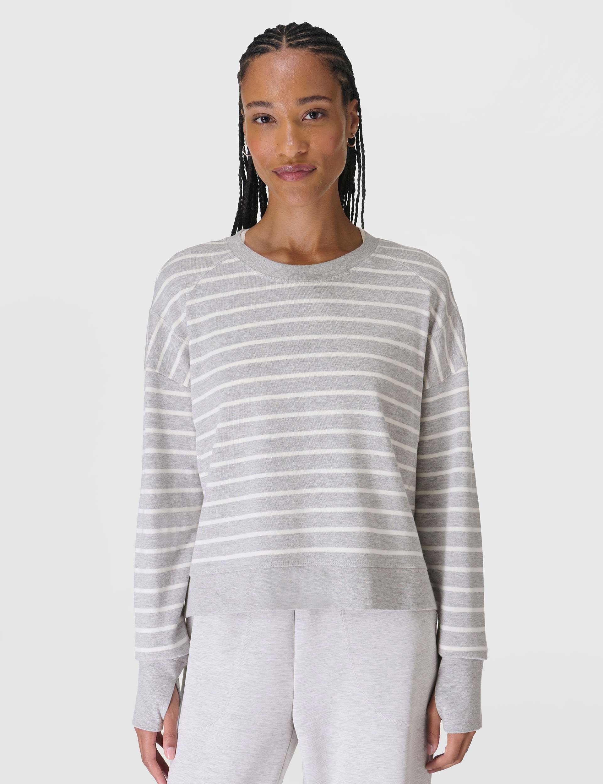 Flexible Ribbing After Class Crop Sweatshirt - Lily White Light Grey Marl Stripe