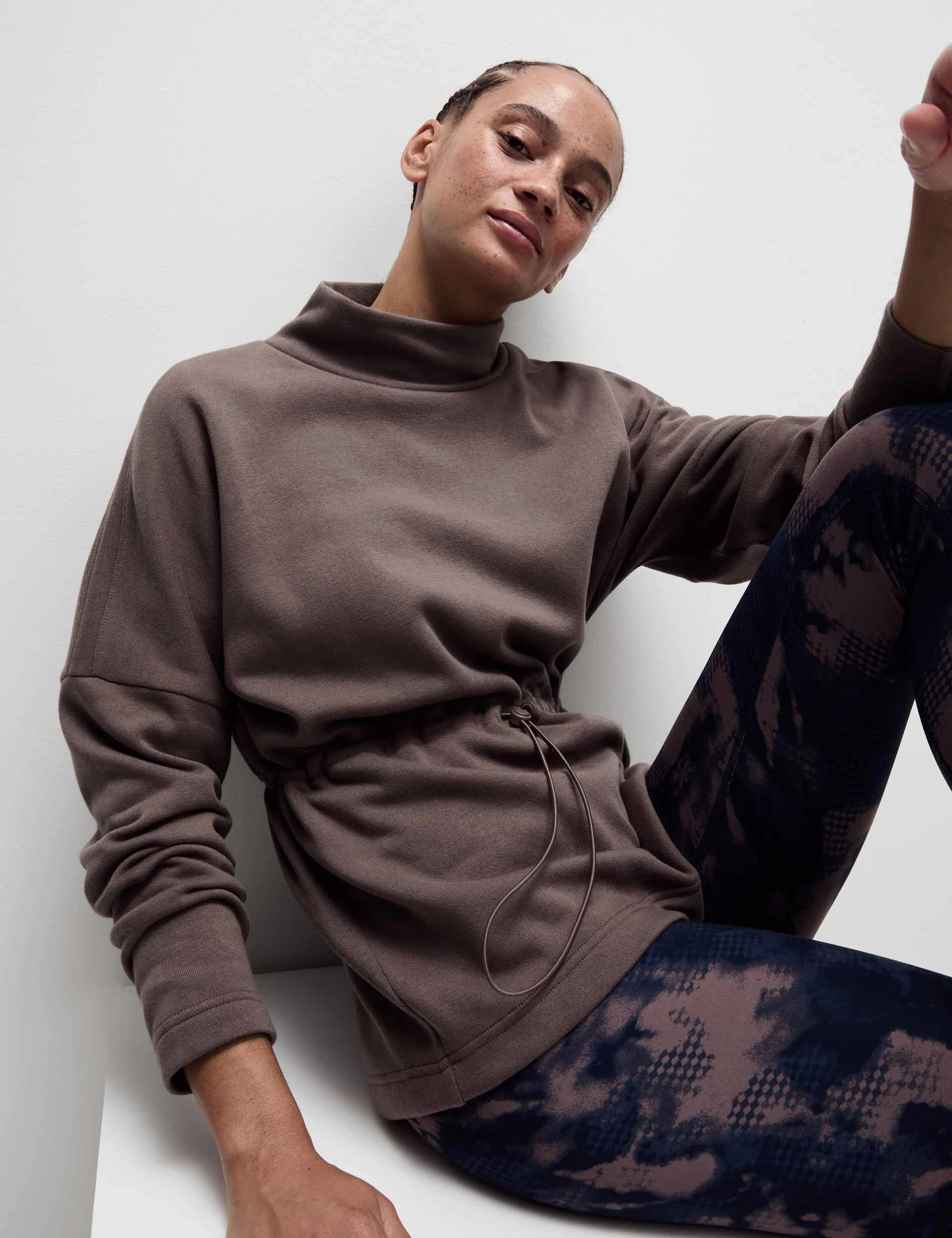 Cotton Rich Brushed Funnel Neck Sweatshirt - Taupe Fade Resistant Treatment RawHemDetail