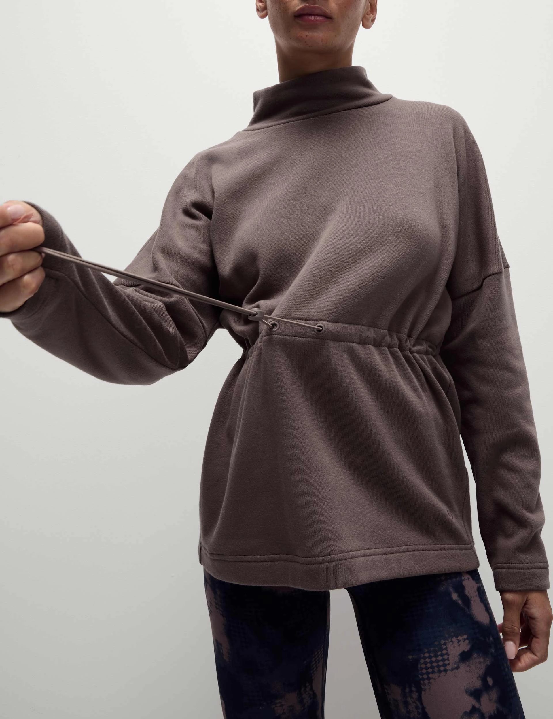 Layered Collar System Cotton Rich Brushed Funnel Neck Sweatshirt - Taupe