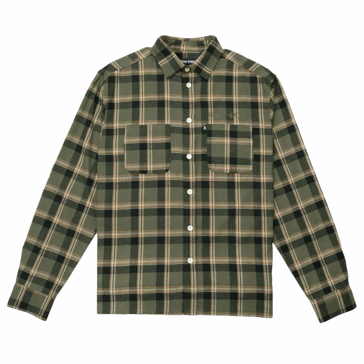 Passport Stem Logo Workers Check Shirt Long Sleeve 'Moss' Raw Linen Functional Fashion