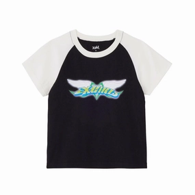 X-Girl Wings & Heart Raglan Sleeve Baby Tee 'Black' Breathable mesh