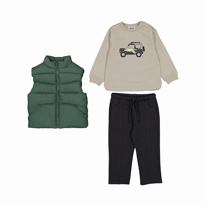 Toddler Mayoral 3pc Pullover Long Sleeve T-shirt, Pants & Vest - Fir Green Truck