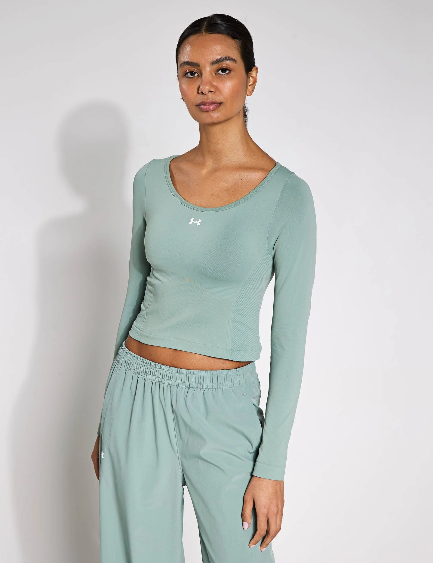 Train Seamless Long Sleeve - Silica Green/White Grid Texture Fabric Moisture Wicking Technology