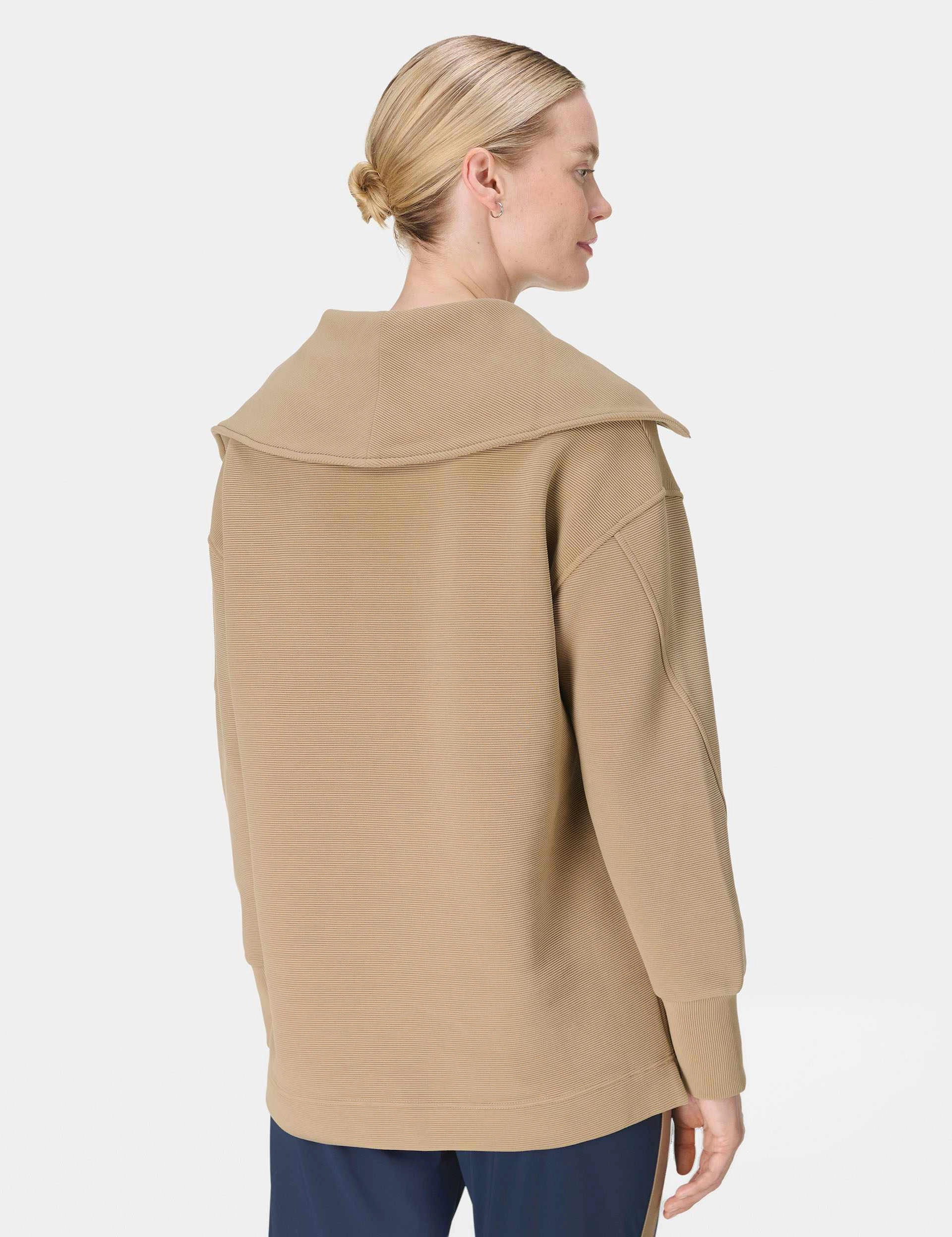 Stretchable Material Peaceful Rib Half Zip Sweatshirt - Sepia Brown